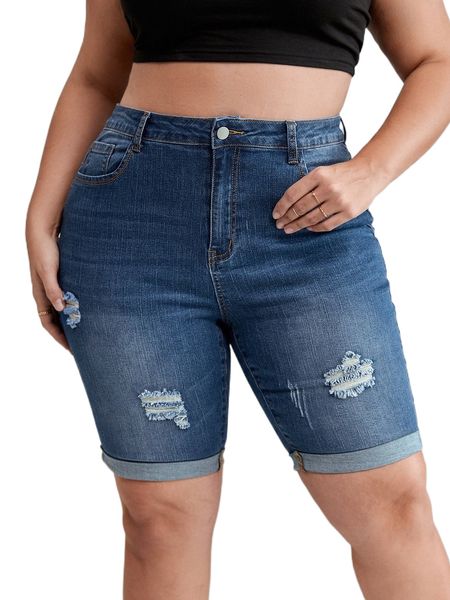 

plus high waist ripped roll up hem denim shorts n8qk#, White;black