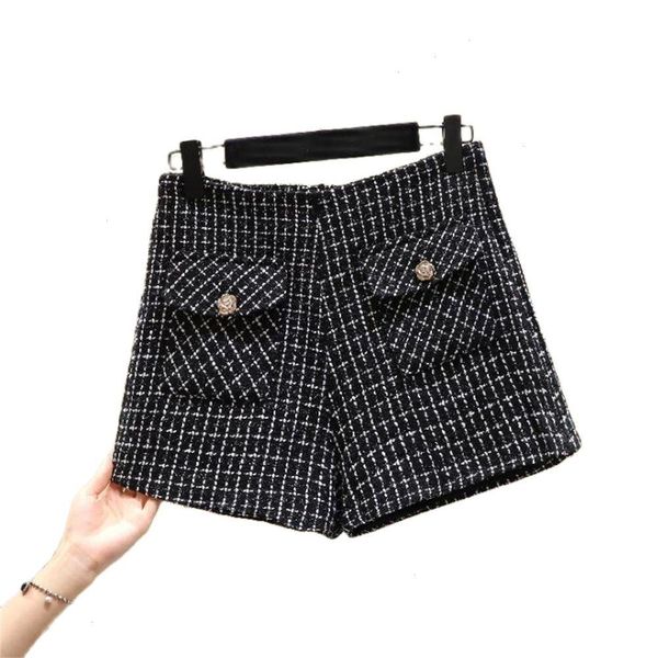 

high waist tweed shorts women casual loose ladies fashion spring autumn slim button short pants all-match boot trousers, White;black