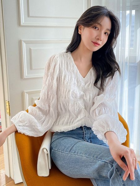 

dazy shirred bishop sleeve textured blouse x7t1#, White