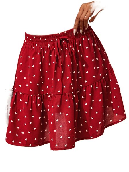 

heart print ruffle hem knot front skirt u0fs#, Black