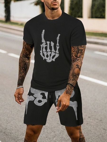 

men skeleton hand print tee & drawstring waist shorts n0ff#, Gray