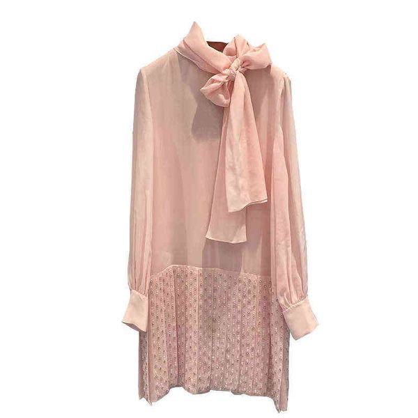 

2022 early autumn new long sleeved chiffon skirt french temperament heavy industry nail bead diamond pleated skirt miu dress women, Black;gray