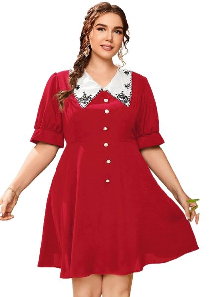 

plus contrast collar button front dress w2ff#, Black