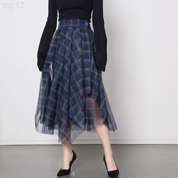 

designer spring 2022 new fashion temperament high waist blue checkered mesh skirt multi-layer versatile a-line 2022, White