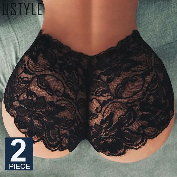 

2pcs european womens lace panties low-waist hollow briefs transparent lingerie female plus size knickers, Black;pink