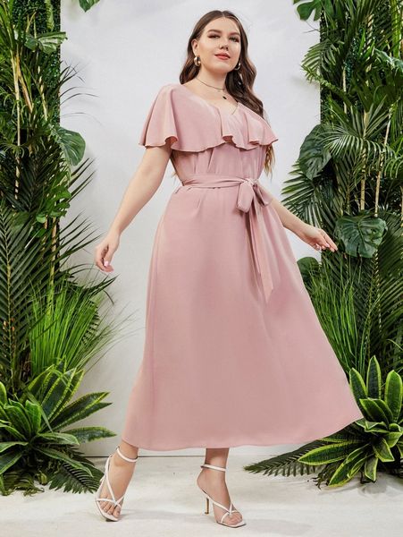 

plus cloak sleeve ruffle trim belted dress p6zc#, Black
