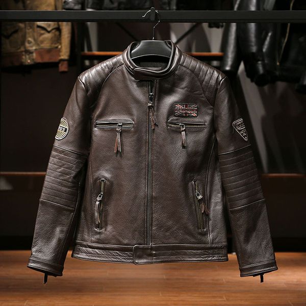 

mens embroidered genuine leather jacket stand collar locomotive cowhide coats, Black;brown