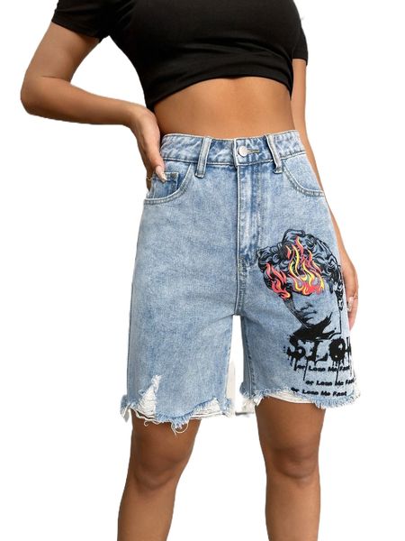 

raw hem figure and slogan graphic denim shorts a2dt#, White;black