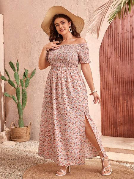 

plus allover floral print off shoulder shirred split hem dress a7n1#, Black