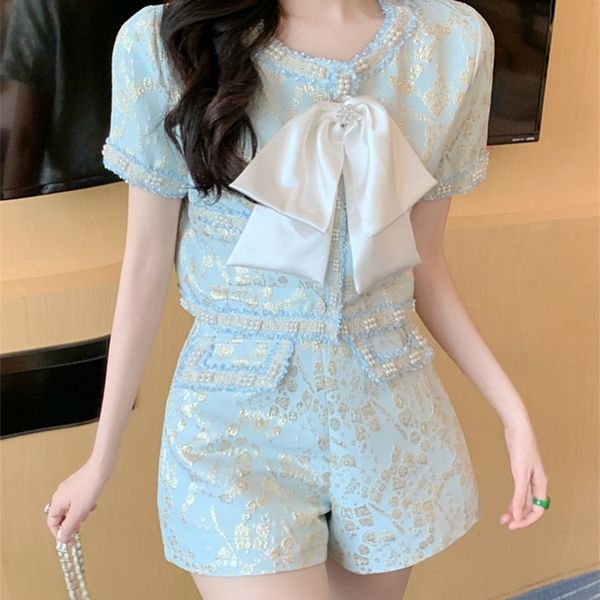 

small fragrant suit korean sweet 2 set women puff sleeve crop shorts sets high street summer two piece pants suits 220608, White