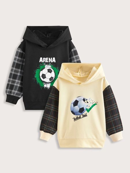 

toddler boys 2pcs soccer & plaid print drop shoulder hoodie she, Black