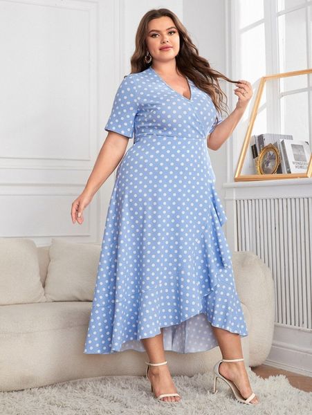 

plus polka dot overlap collar ruffle hem dress 83ot#, Black
