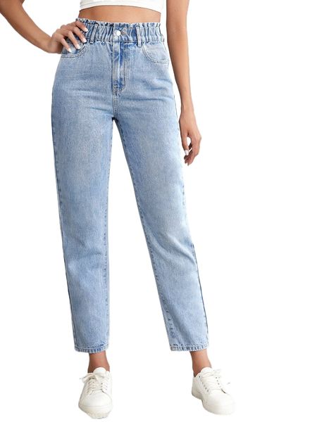 

tall light wash paper bag waist mom fit jeans v6j0#, Blue