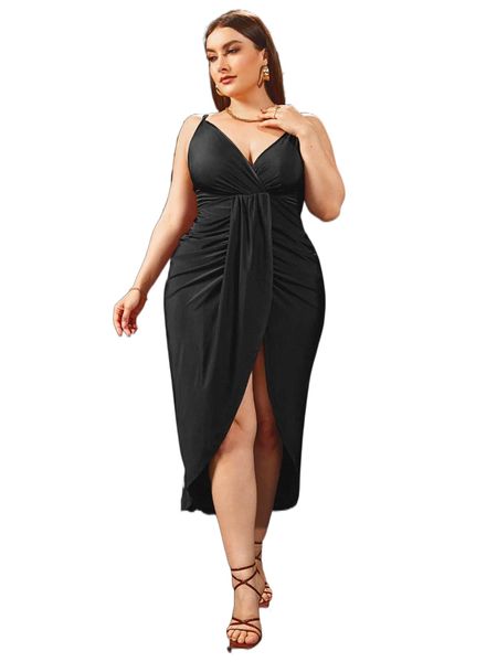 

plus ruched wrap asymmetrical hem cami dress 32dn#, Black