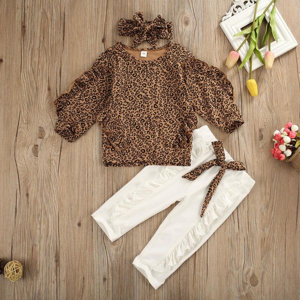 

toddler baby girl clothes sets ruffle leopard long sleeve t-shirt bow leggings pants headband newborn tracksuit outfits, White