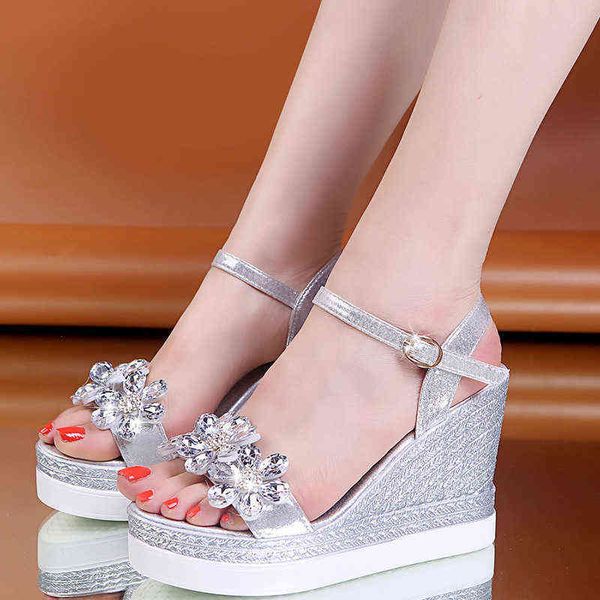 

lucyever crystal flower platform sandals women 2022 summer new fashion ankle strap wedge sandalias mujer gold silver party shoes y220426, Black