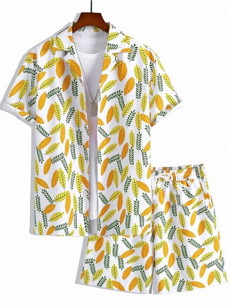 

men random plants print shirt with shorts without tee 6581#, Gray