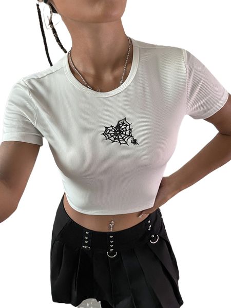 

spiderweb embroidered ribbed knit crop tee d9tz#, White