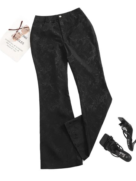 

slant pocket jacquard flare leg pants b7on#, Black;white