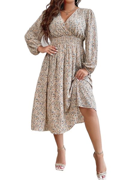 

plus ditsy floral shirred waist dress b9y2#, Black