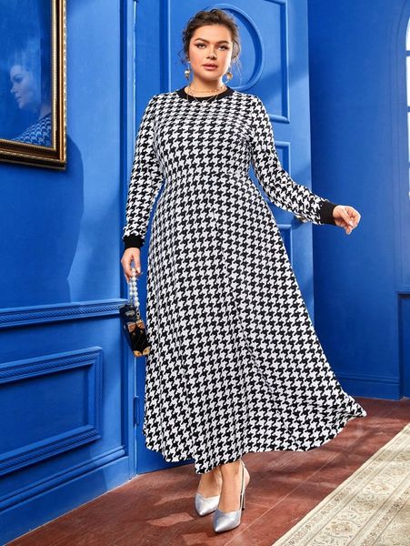 

plus houndstooth print dress r9rj#, Black