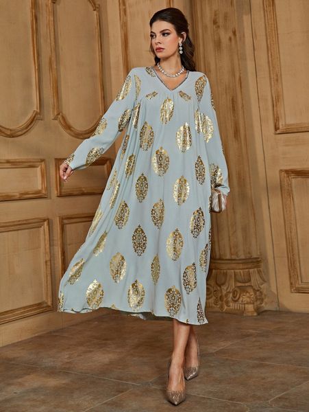 

damask & gold print dress q3fj#, Black;gray