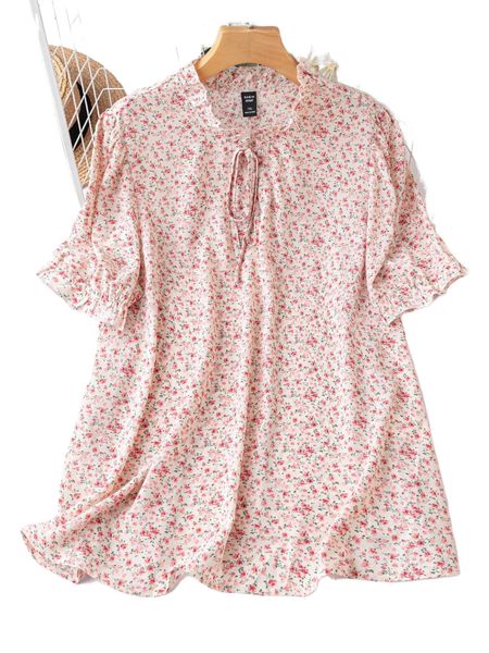 

plus ditsy floral frill tie neck puff sleeve blouse 22ut#, Black