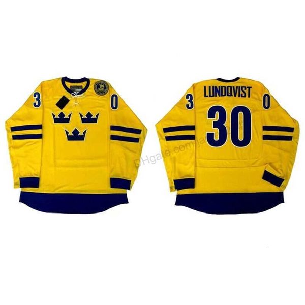 Nikivip Custom 2014 Team Sweden Henrik Lundqvist # 30 Maglie da hockey da uomo Tutte cucite gialle Qualsiasi nome Numero Taglia 2XS-2XL 3XL Magliette in jersey