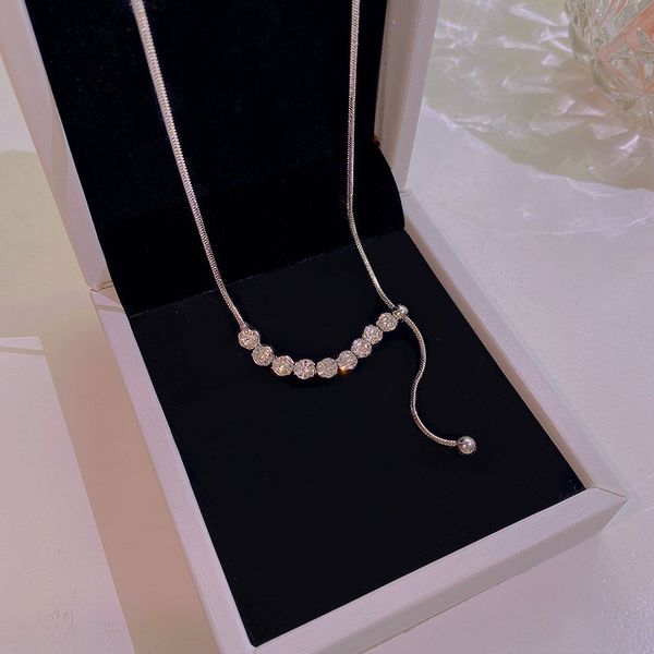 

light luxury niche advanced design pull-out zircon necklace ins style simple temperament versatile collarbone chain, Silver