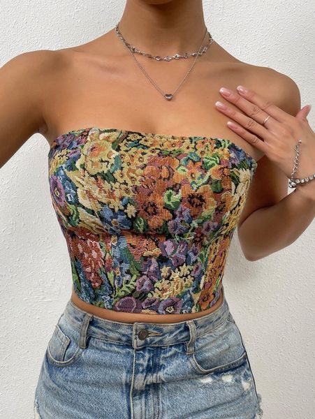 

floral pattern grommet lace up back crop tube i98k#, White