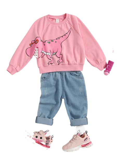 

toddler girls dinosaur print raglan sleeve sweatshirt 583b#, Black;white