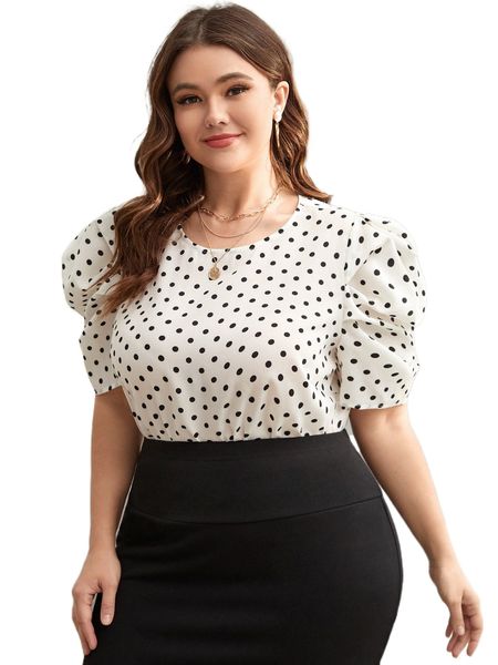

plus polka dot puff sleeve blouse p9yd#, Black