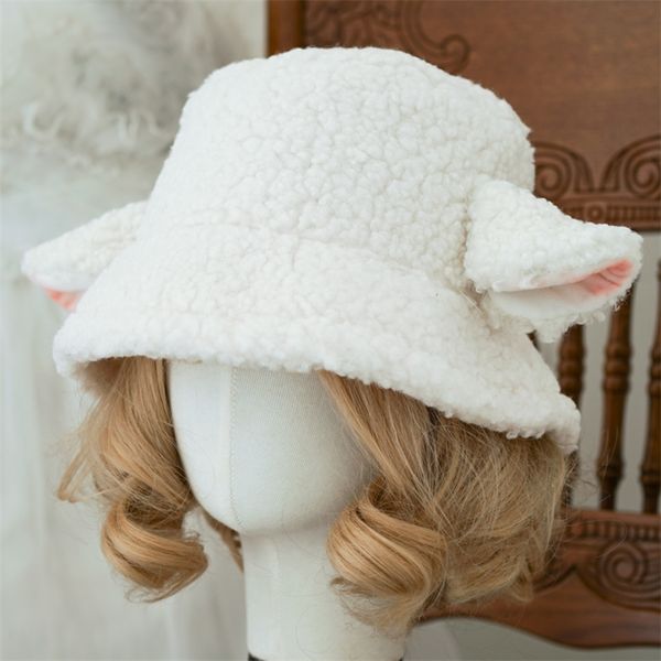 Handgefertigte Baa Bucket Ita-Mütze mit Ohren, süßes Mädchen-Lammwollmaterial, schwarz-weiße Schafohrenmütze, Weihnachtsgeschenk 220727