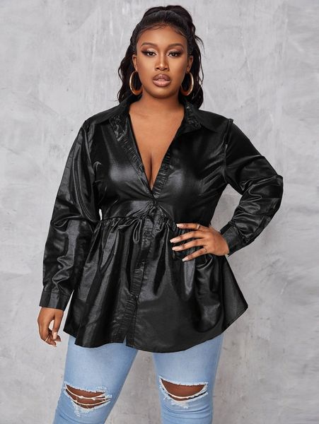 

sxy plus single breasted peplum pu blouse t8n8#, Black