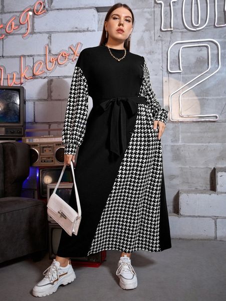 

plus houndstooth panel drop shoulder belted dress 419j#, Black