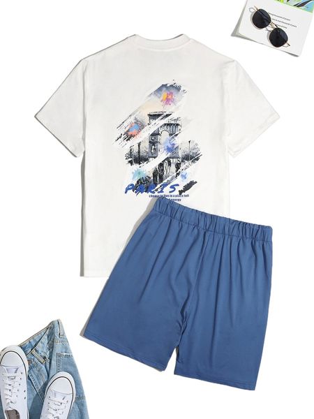 

men random building & slogan graphic tee & shorts p9iq#, Gray