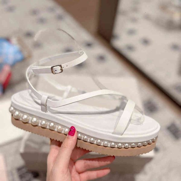 

sandals summer pearl water platform muffin thick bottom strip foot clamping sandals female cowhide roman sandals slope heel anti-skid kqbn, Black