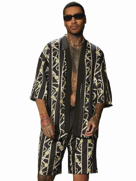 

men striped & chain print kimono & shorts i59k#, Gray