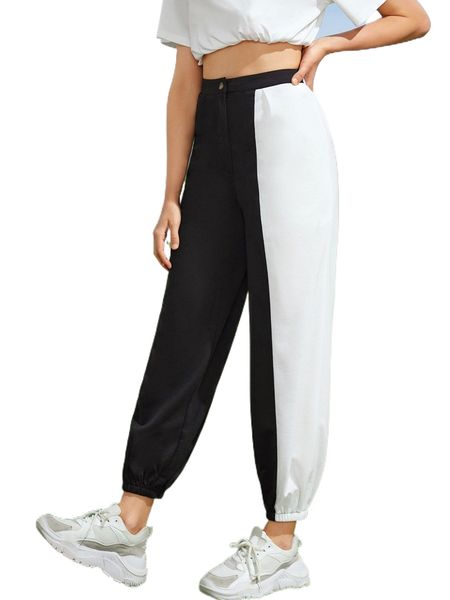 

colorblock high waist pants e7f1#, Black;white