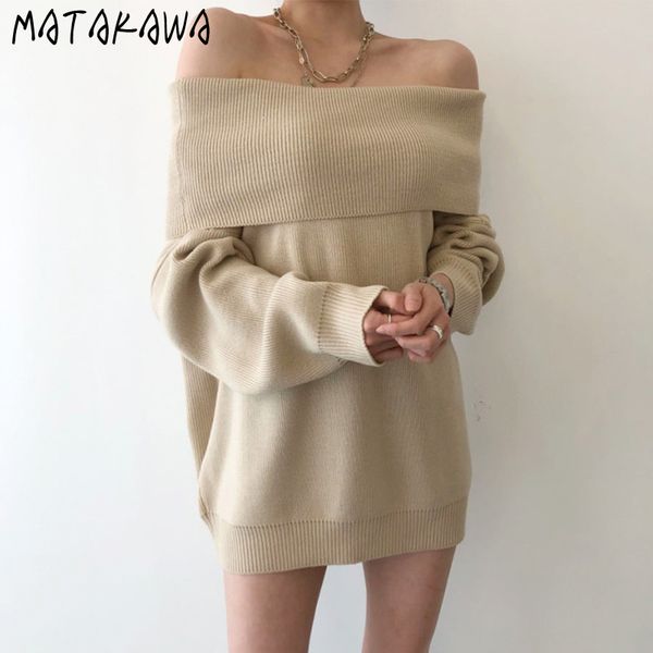 

twowear longsleeved knitted sweater women korean offtheshoulder neckline sweaters loose winter clothes 210506, White;black
