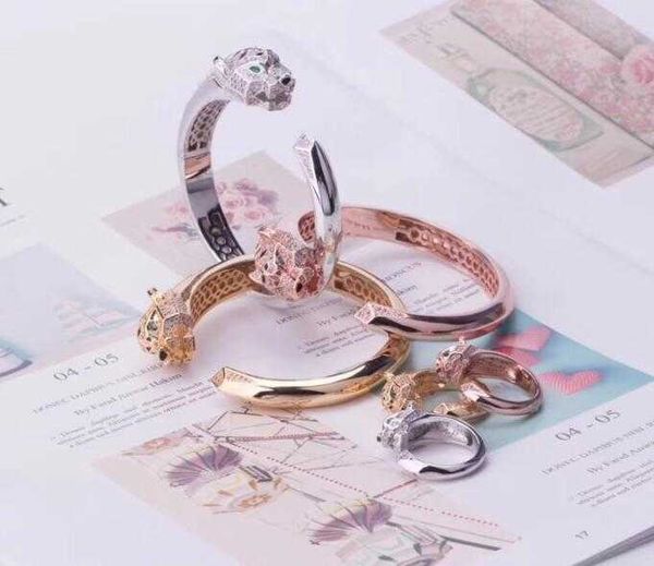 

luxury fashion brand jewelry sets lady brass full diamond green eyes leopard heads 18k gold engagement open bracelets ring 1sets 3 color, Silver