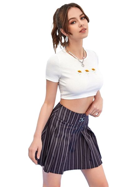 

floral embroidered crop slim tee k7g2#, White