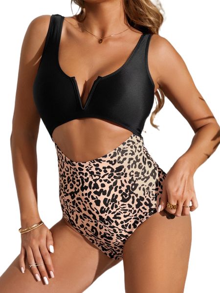 

leopard cut-out v wired one piece swimsuit 30os#, White;black
