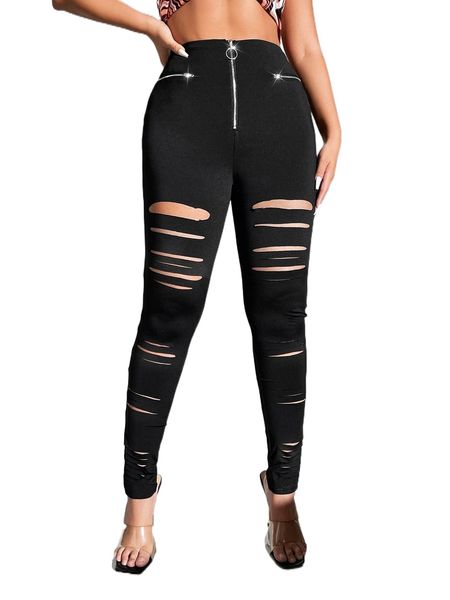 

high waist zip front cut out front skinny pants o7wf#, Black;white