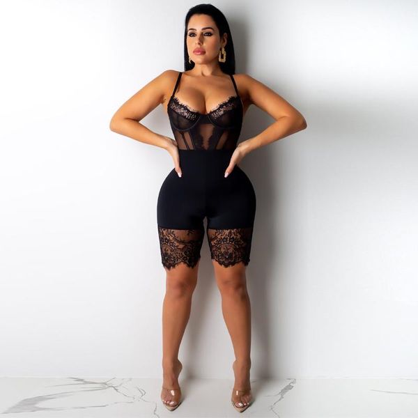 Kadınlar İki Parçalı Pantolon Kadın Seksi Kolsuz Bodycon Strap Lace Romper Clubwear Sırtsız Bodysuit Kısa Siyah Kahverengi Katı Tulum Kulübü Clo