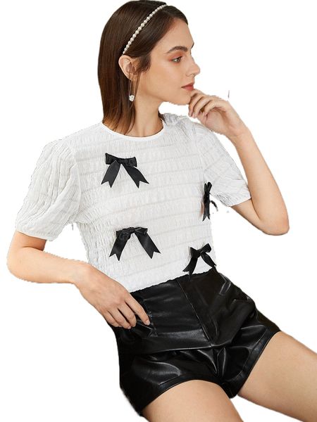 

bow front puff sleeve blouse e4eg#, White
