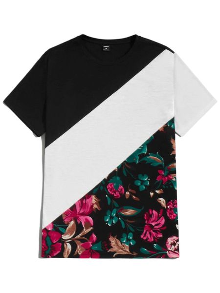 

men floral print color block tee t1ej#, White;black