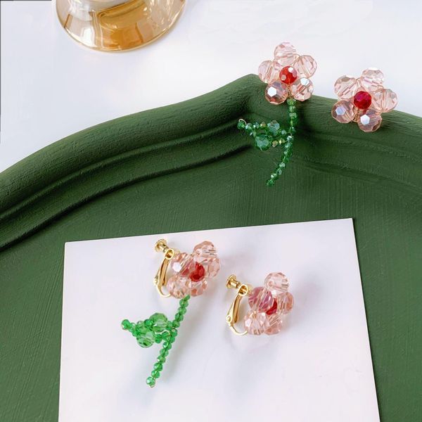 

s925 silver needle asymmetric small earrings woven beaded flower earrings safflower green crystal, Golden;silver