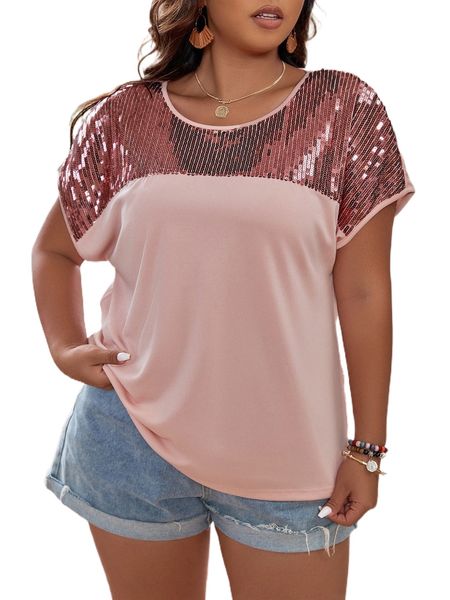 

plus contrast sequin batwing sleeve tee f7j8#, Black