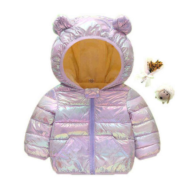 

baby girls jacket winter glossy light jackets boys outerwear for children down cotton jacket spring toddler children hoodie 1-5 y j220718, Blue;gray